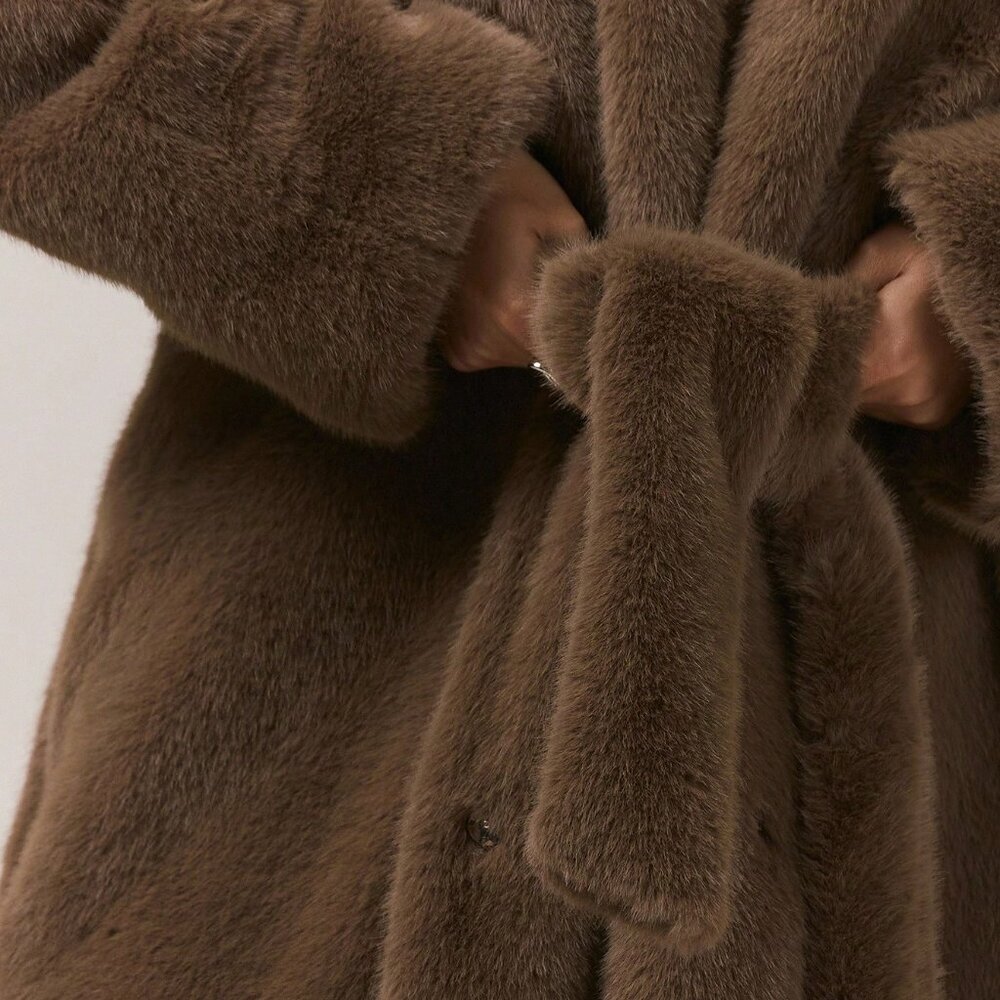 Coffee Brown Women's Elegant Oversized Loose Fit Belted Fuzzy Fur Maxi Coat - Picture 6 of 6